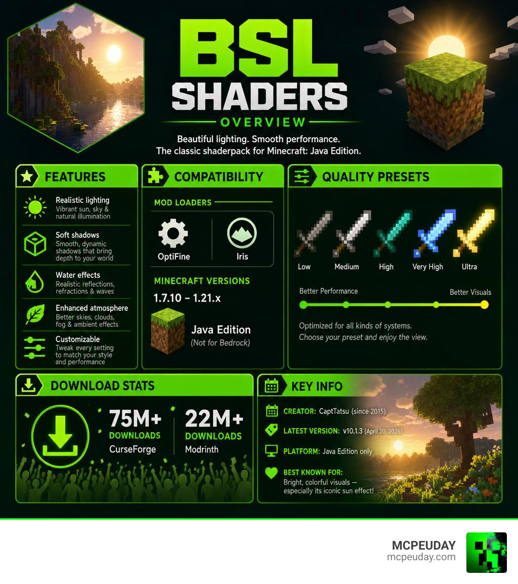 BSL Shaders overview infographic showing features, compatibility, presets, and download stats infographic BSL Shaders overview infographic showing features, compatibility, presets, and download stats infographic
