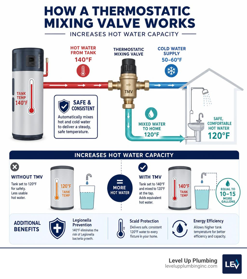 Infographic showing how a thermostatic mixing valve works to increase hot water capacity infographic