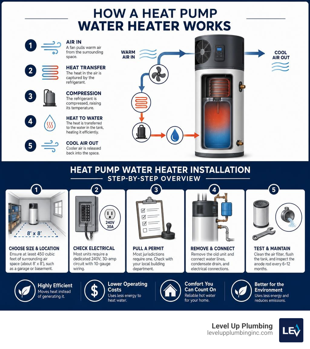 Step-by-step infographic: how a heat pump water heater works and installation overview infographic