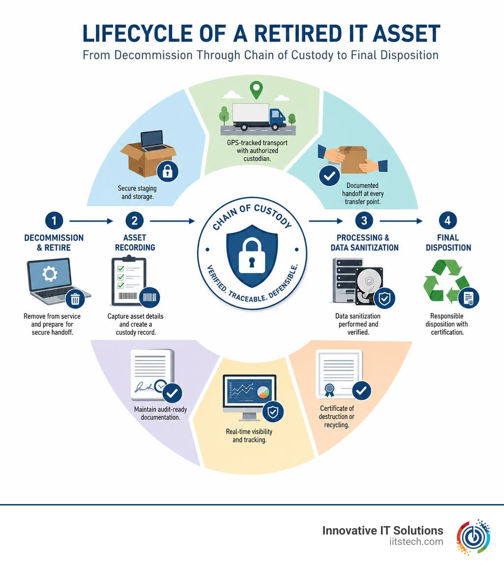 Lifecycle of a retired IT asset from decommission through chain of custody to final disposition infographic