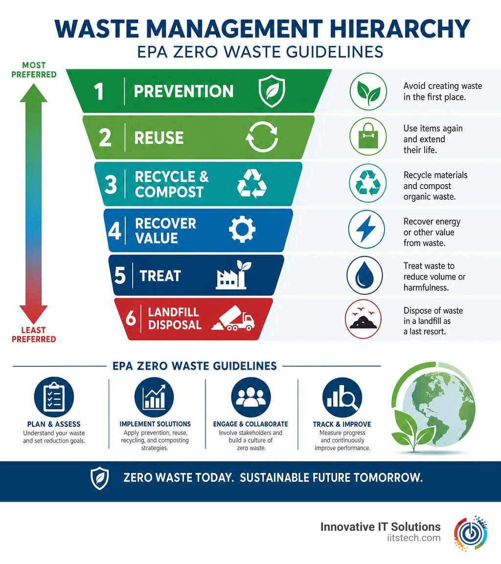 Waste management hierarchy from prevention to landfill disposal with EPA zero waste guidelines infographic Waste management hierarchy from prevention to landfill disposal with EPA zero waste guidelines infographic