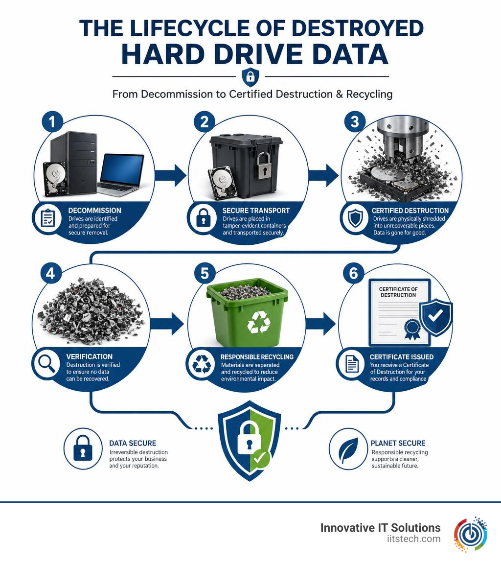 Lifecycle of destroyed hard drive data from decommission to certified destruction and recycling infographic Lifecycle of destroyed hard drive data from decommission to certified destruction and recycling infographic