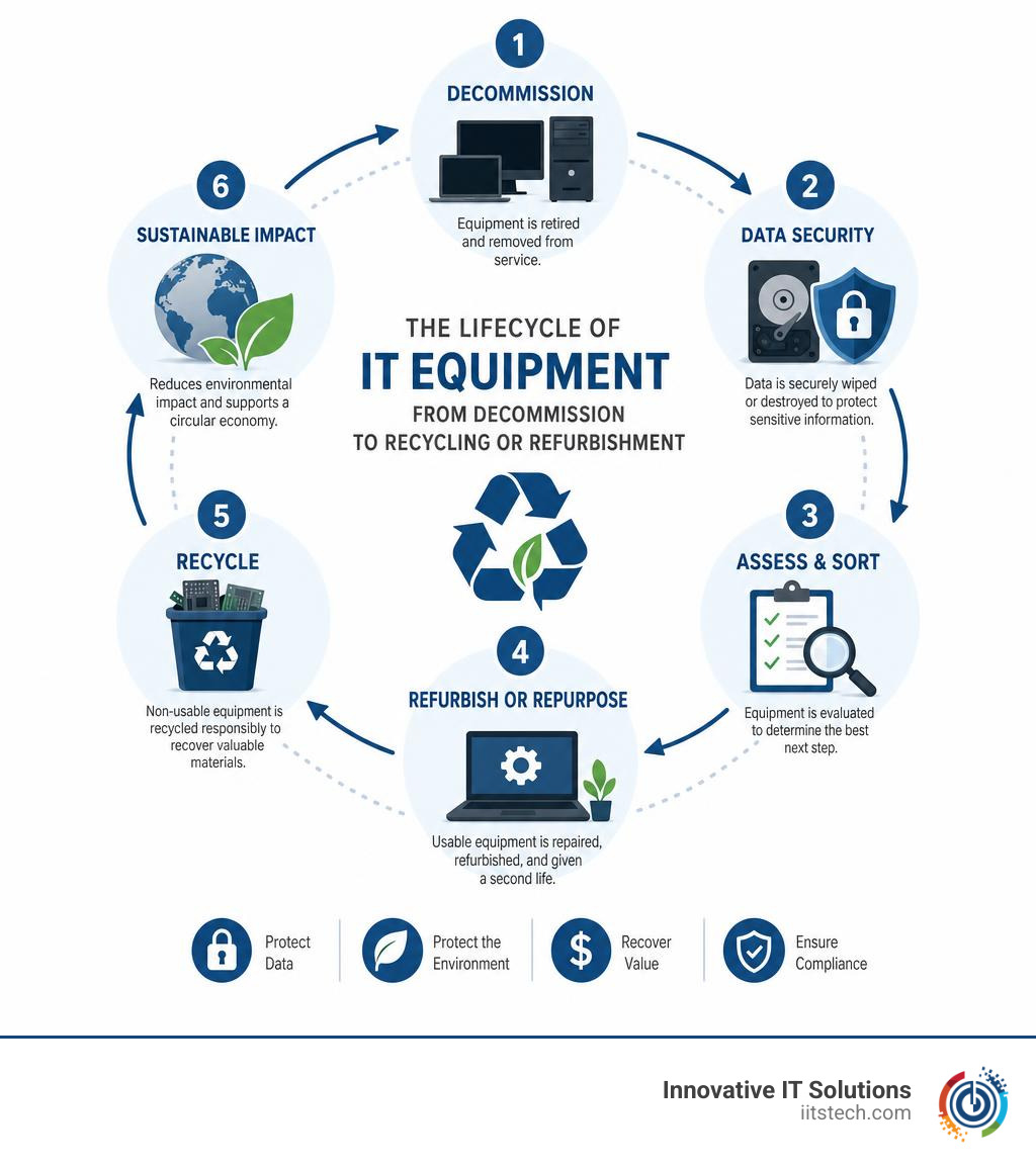 Lifecycle of IT equipment from decommission to recycling or refurbishment infographic Lifecycle of IT equipment from decommission to recycling or refurbishment infographic