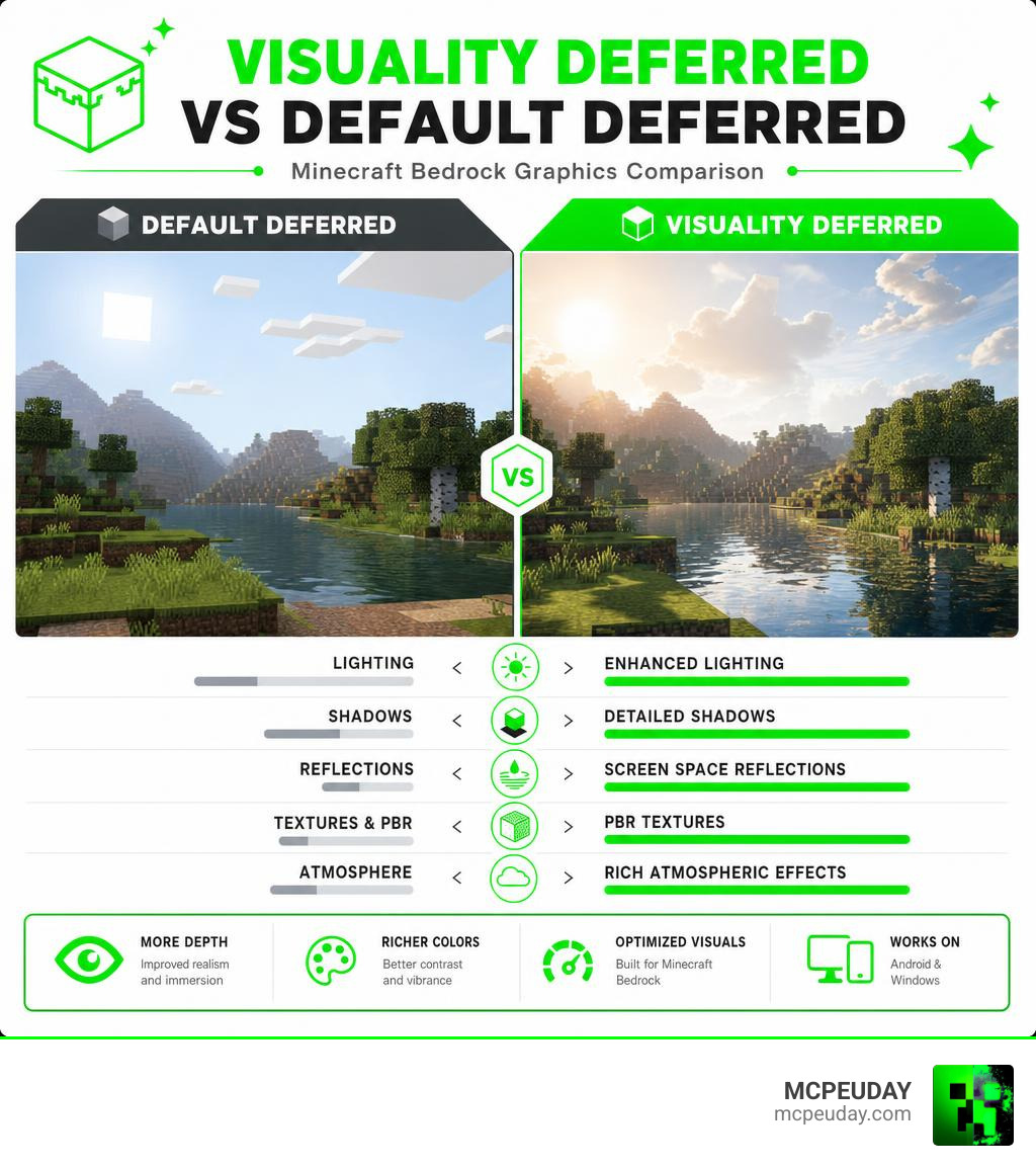 Visuality Deferred vs default deferred rendering comparison infographic for Minecraft Bedrock infographic Visuality Deferred vs default deferred rendering comparison infographic for Minecraft Bedrock infographic