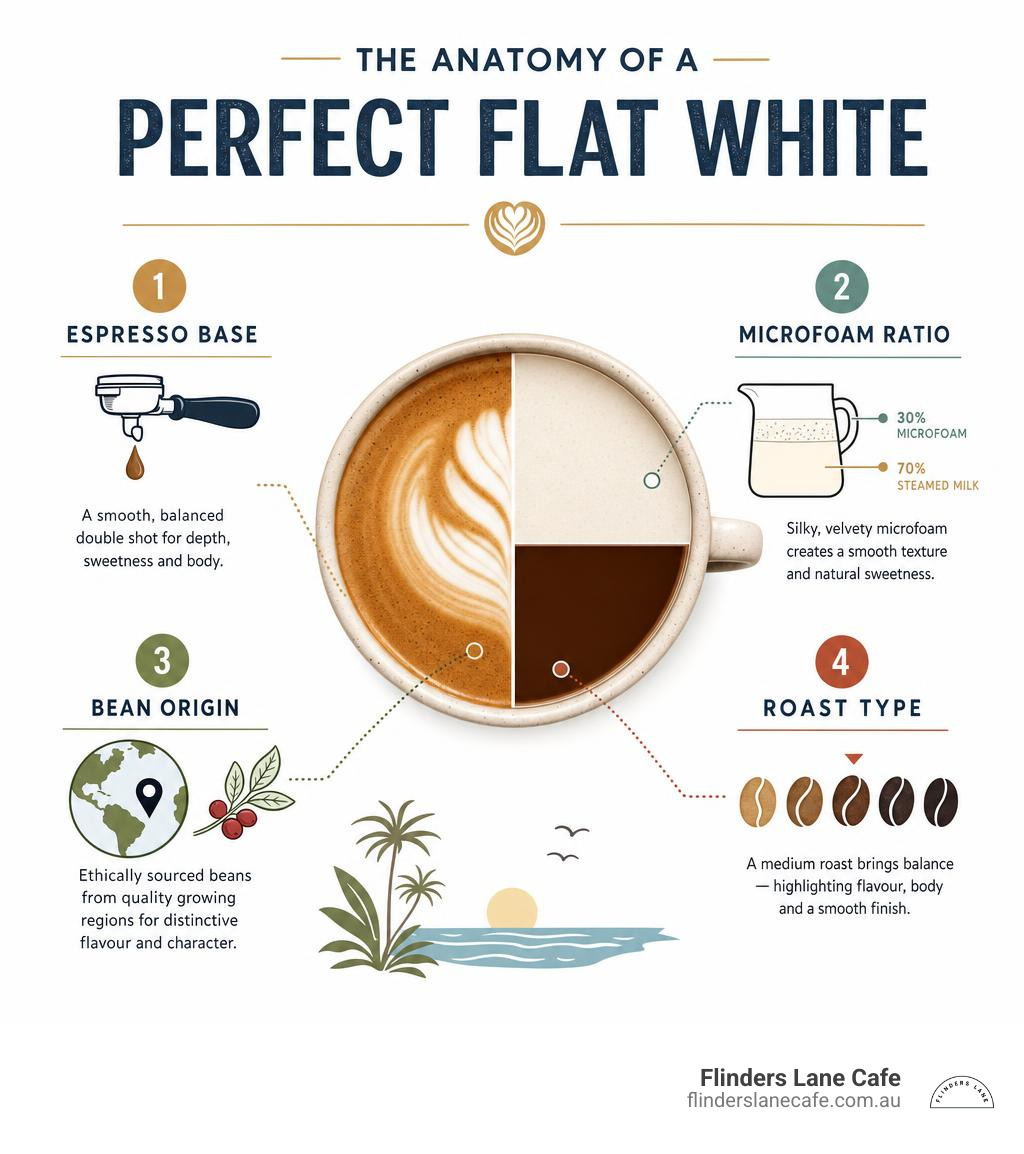 Anatomy of a perfect flat white infographic: espresso base, microfoam ratio, bean origin, and roast type infographic