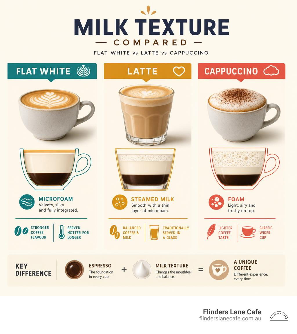 Infographic comparing milk textures of flat white, latte, and cappuccino infographic