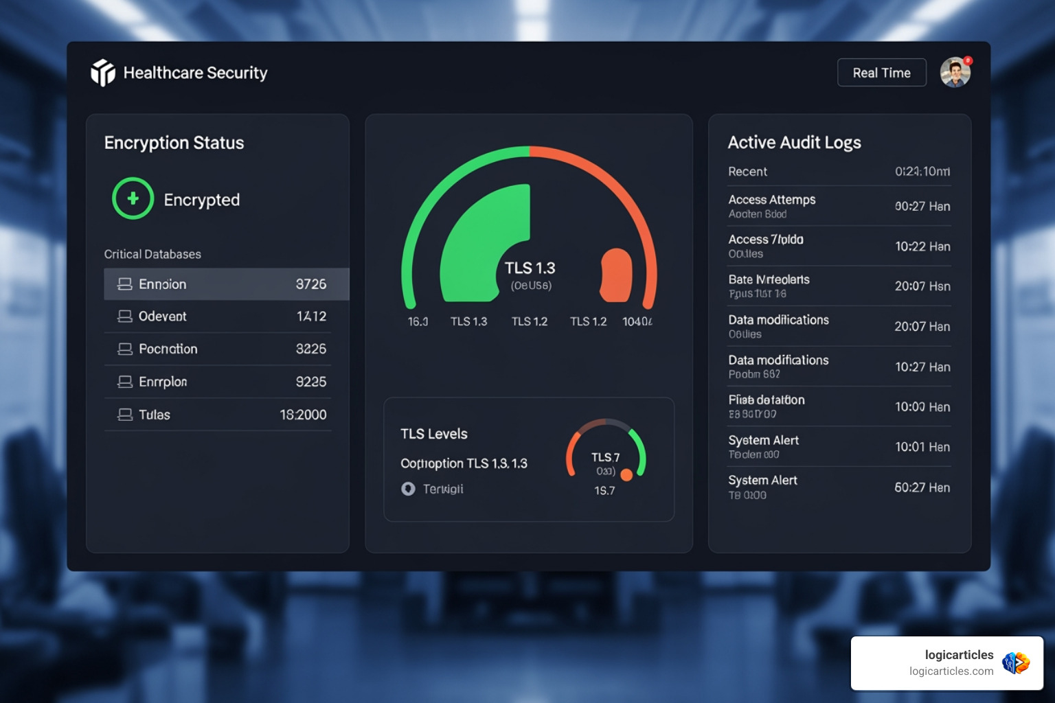 Data security dashboard showing encryption levels and active audit logs
