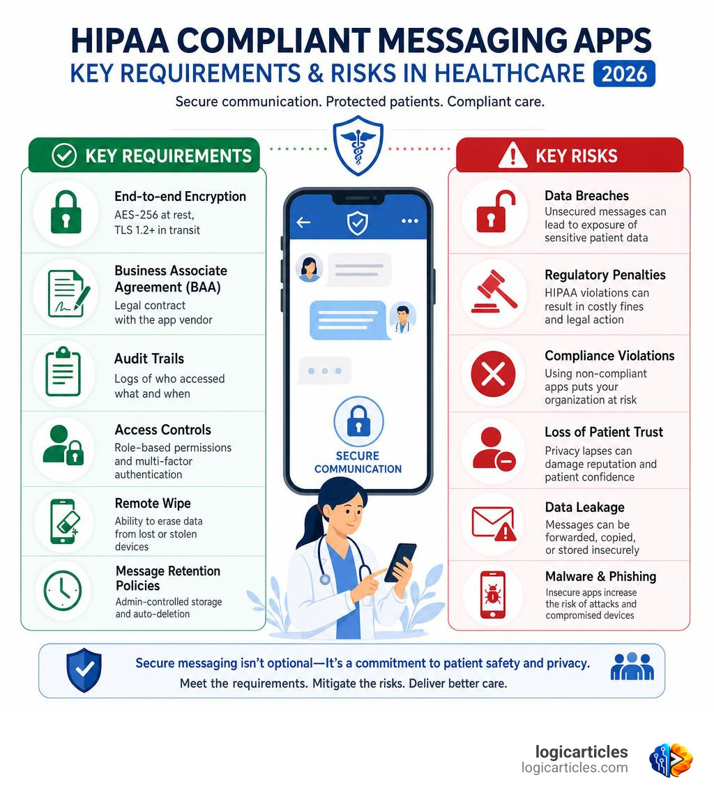 Key requirements and risks of HIPAA compliant messaging apps in healthcare 2026 infographic