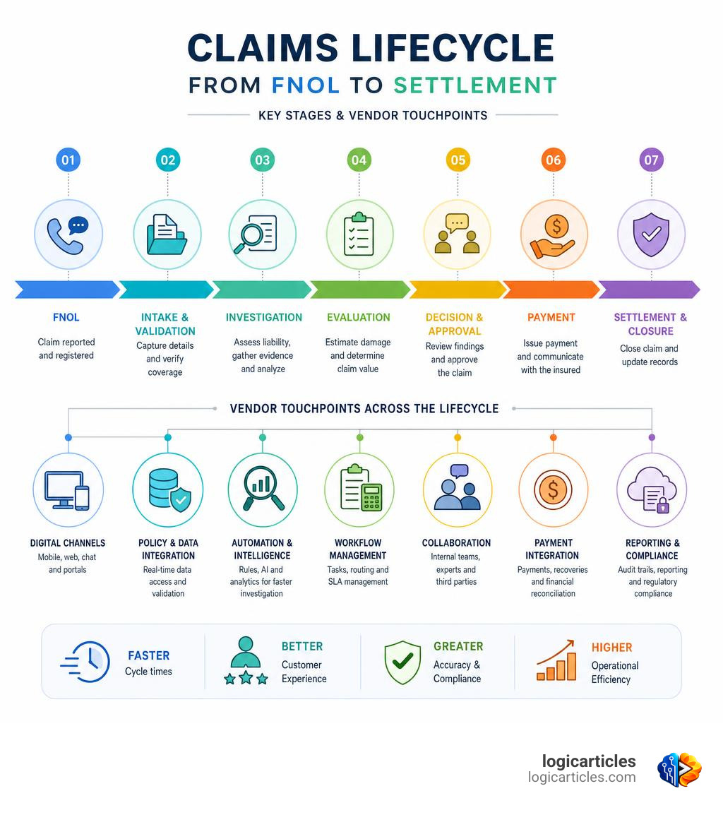 Claims lifecycle from FNOL to settlement showing key stages and vendor touchpoints infographic
