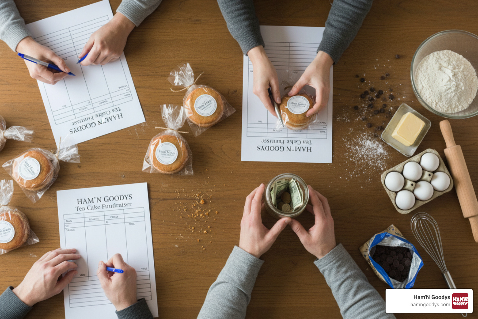Step-by-step infographic showing how a tea cake fundraiser works from order to profit