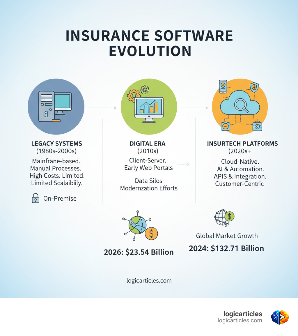 Evolution of insurance software from legacy systems to modern cloud-based InsurTech platforms with key milestones infographic