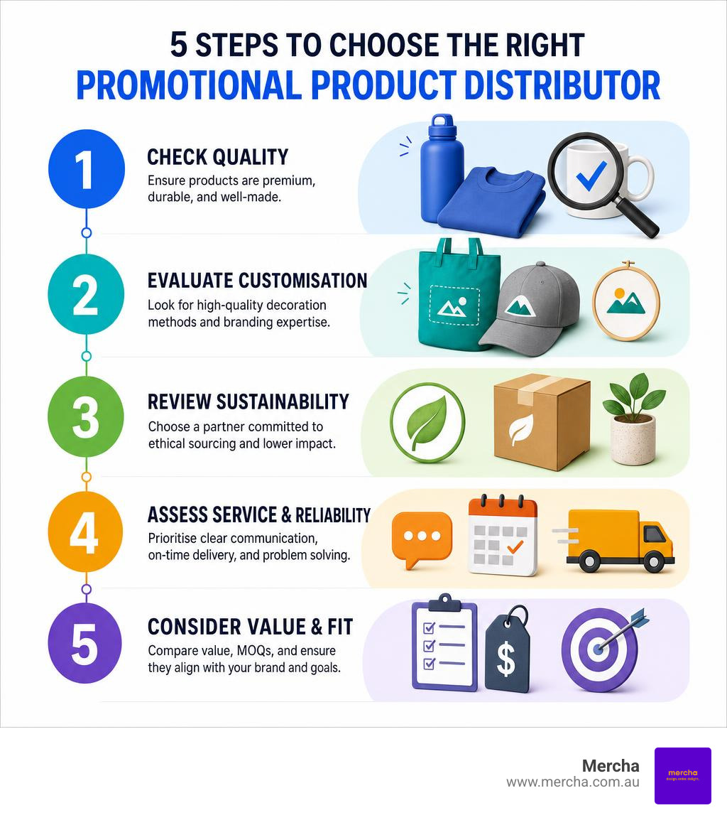 Infographic showing how to evaluate and choose a promotional product distributor in 5 steps infographic