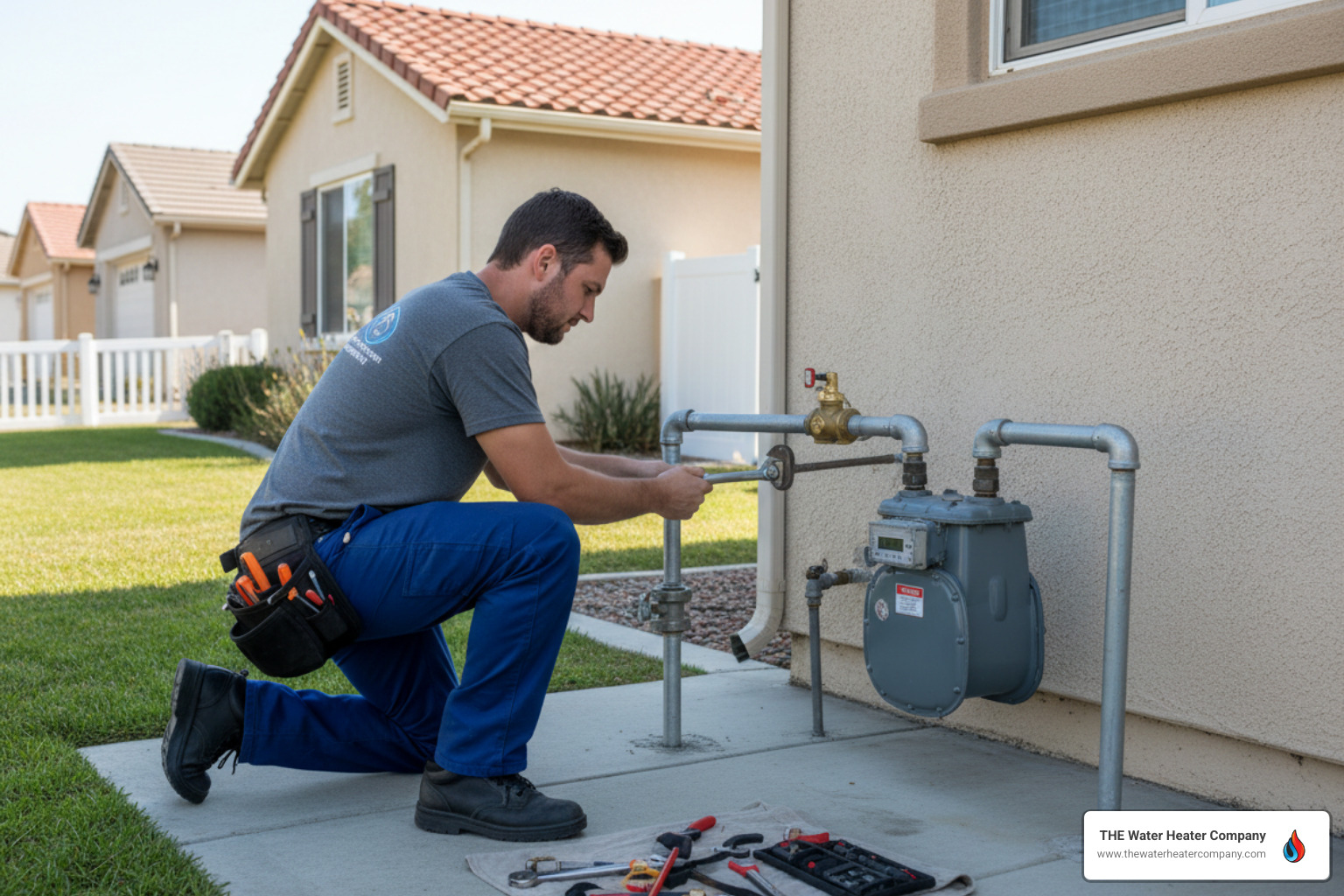 Professional plumber installing an earthquake gas shutoff valve on a home gas line Professional plumber installing an earthquake gas shutoff valve on a home gas line
