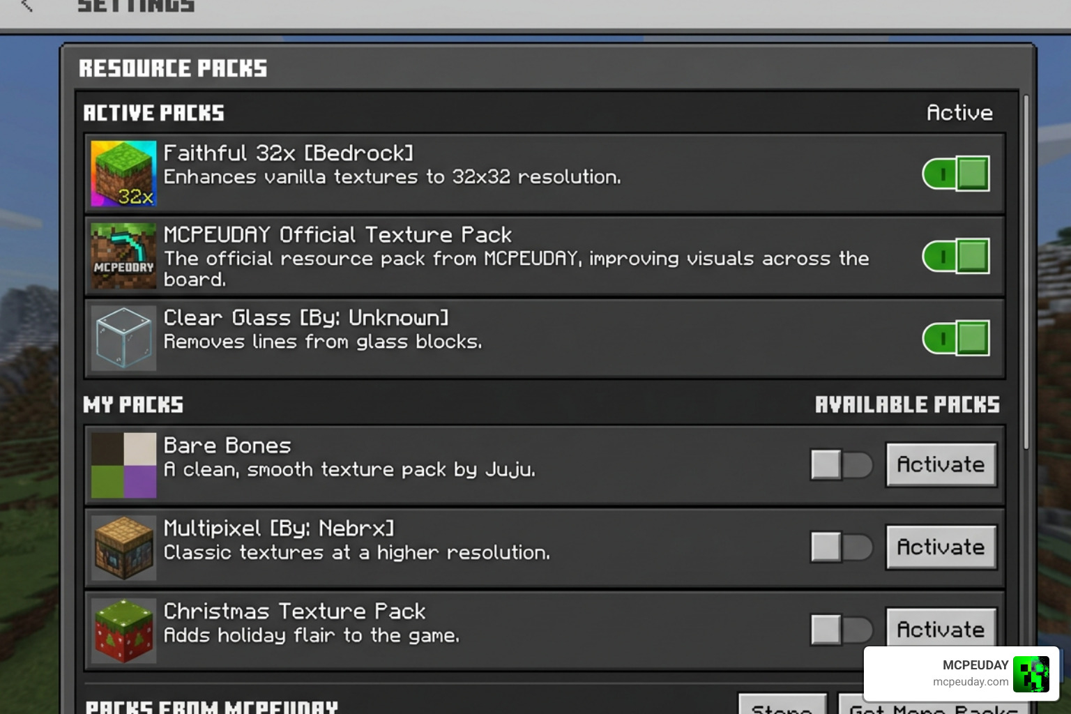 Minecraft Bedrock settings menu showing resource packs activation Minecraft Bedrock settings menu showing resource packs activation