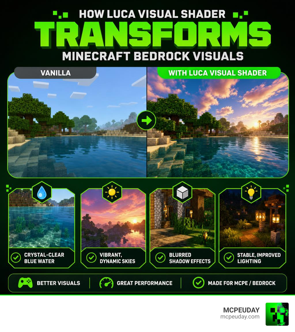 Infographic showing how Luca Visual Shader transforms Minecraft Bedrock visuals with water, sky, shadow, and lighting Infographic showing how Luca Visual Shader transforms Minecraft Bedrock visuals with water, sky, shadow, and lighting