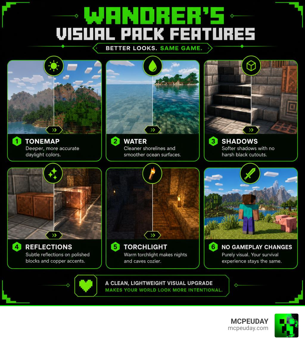 Wandrer's Visual Pack features infographic: tonemap, water, shadows, reflections, torchlight, no gameplay changes infographic Wandrer's Visual Pack features infographic: tonemap, water, shadows, reflections, torchlight, no gameplay changes infographic