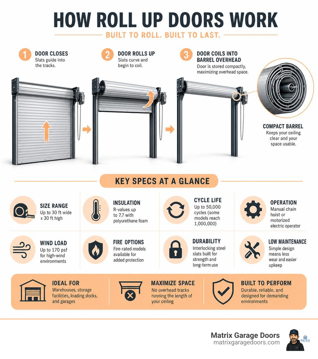 Infographic showing how roll up doors coil into a barrel overhead with key specs infographic Infographic showing how roll up doors coil into a barrel overhead with key specs infographic