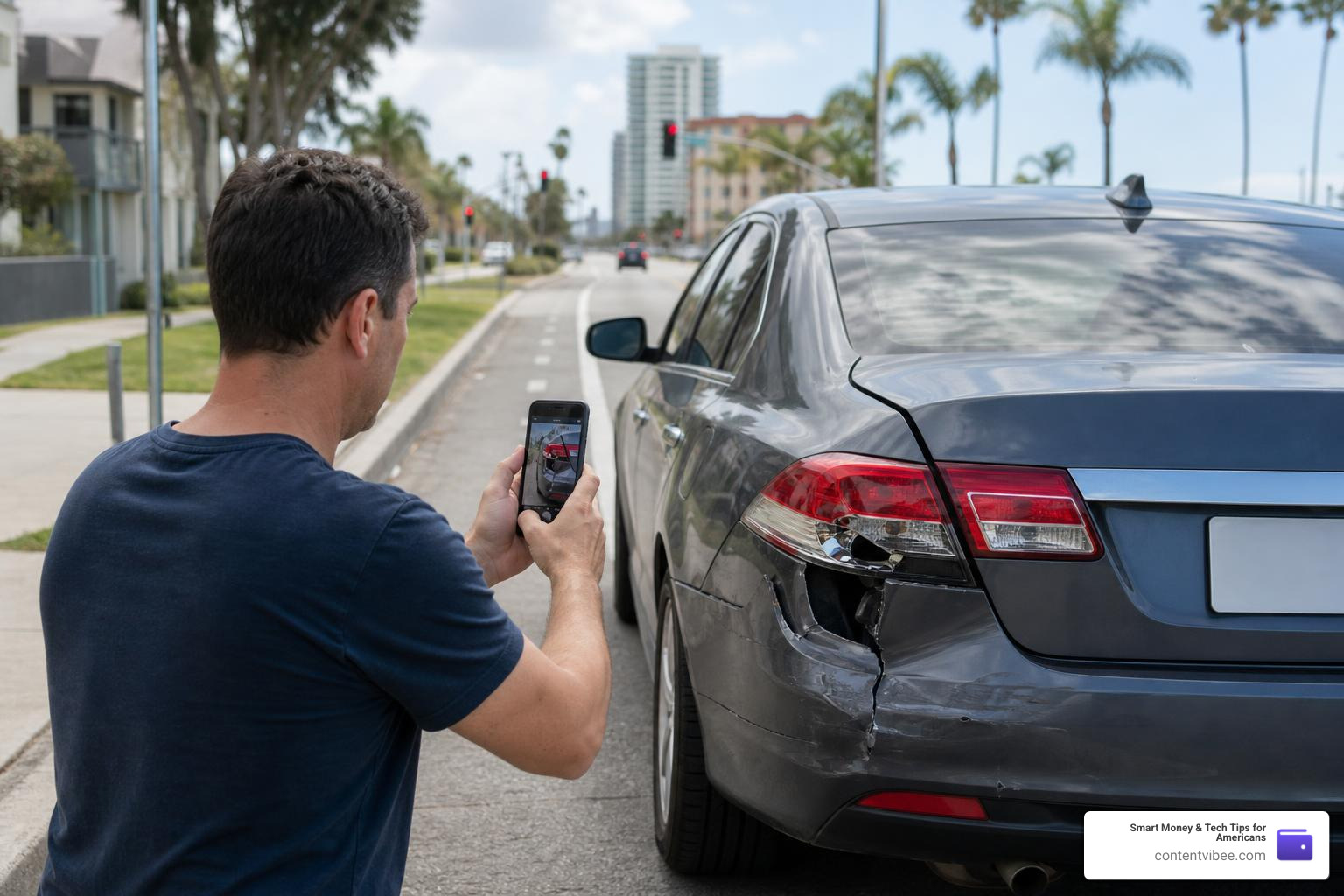 driver documenting car damage after a crash in Long Beach