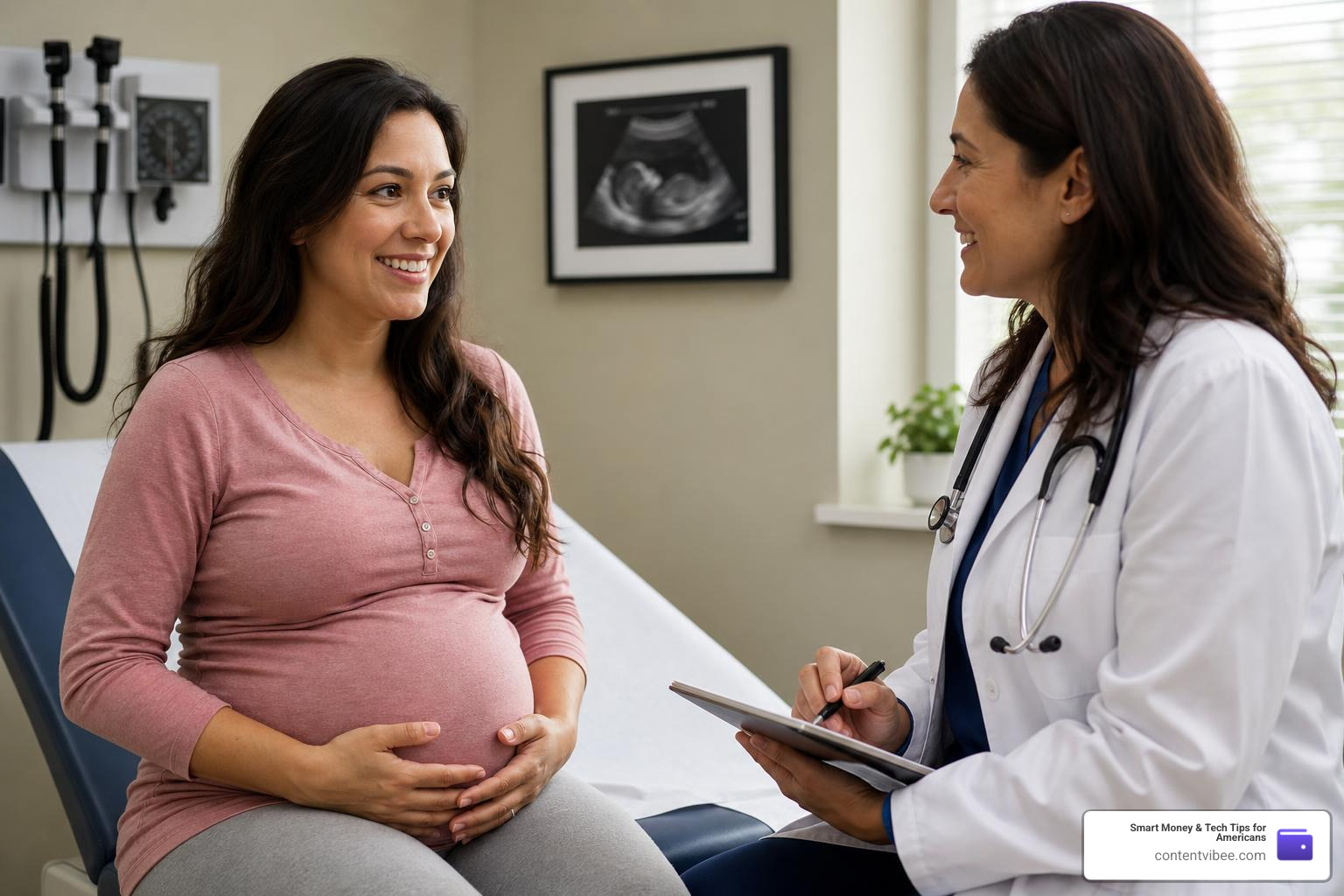 pregnant woman talking to a doctor