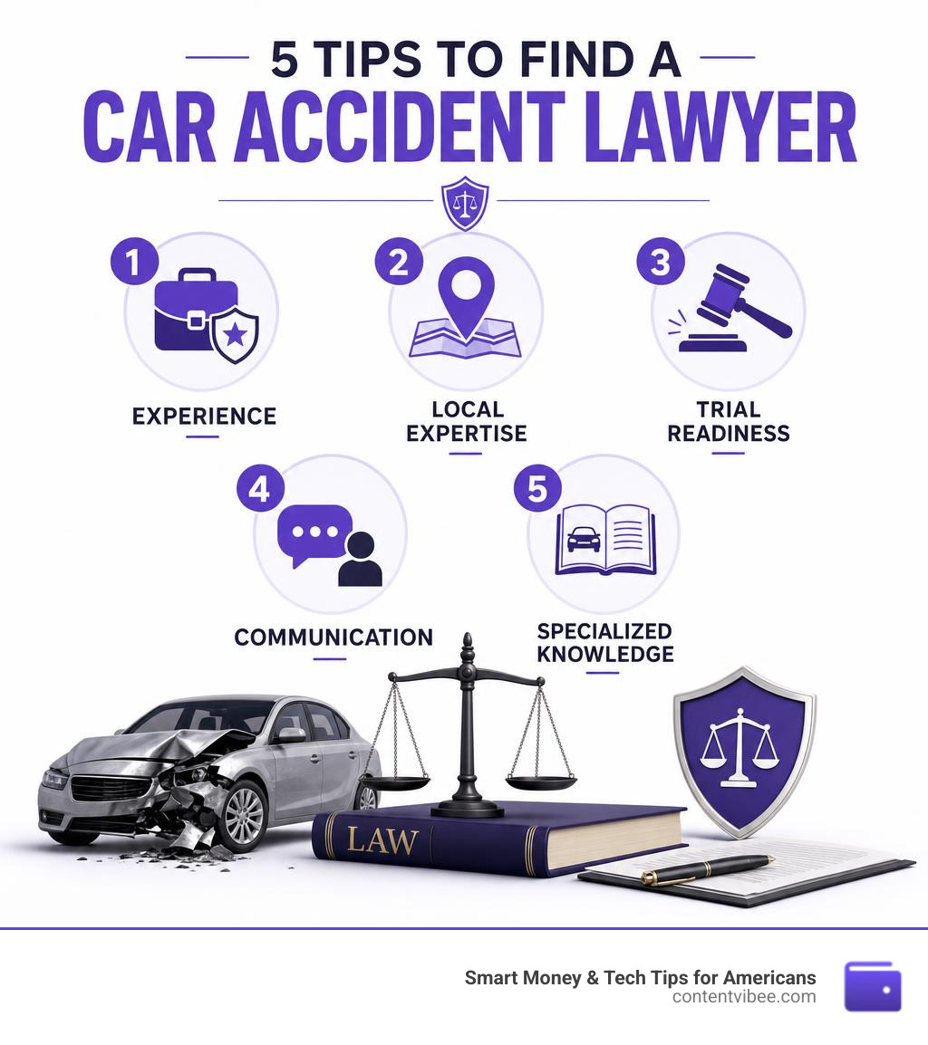 5 tips to find a car accident lawyer infographic showing experience, local expertise, trial readiness, communication, and