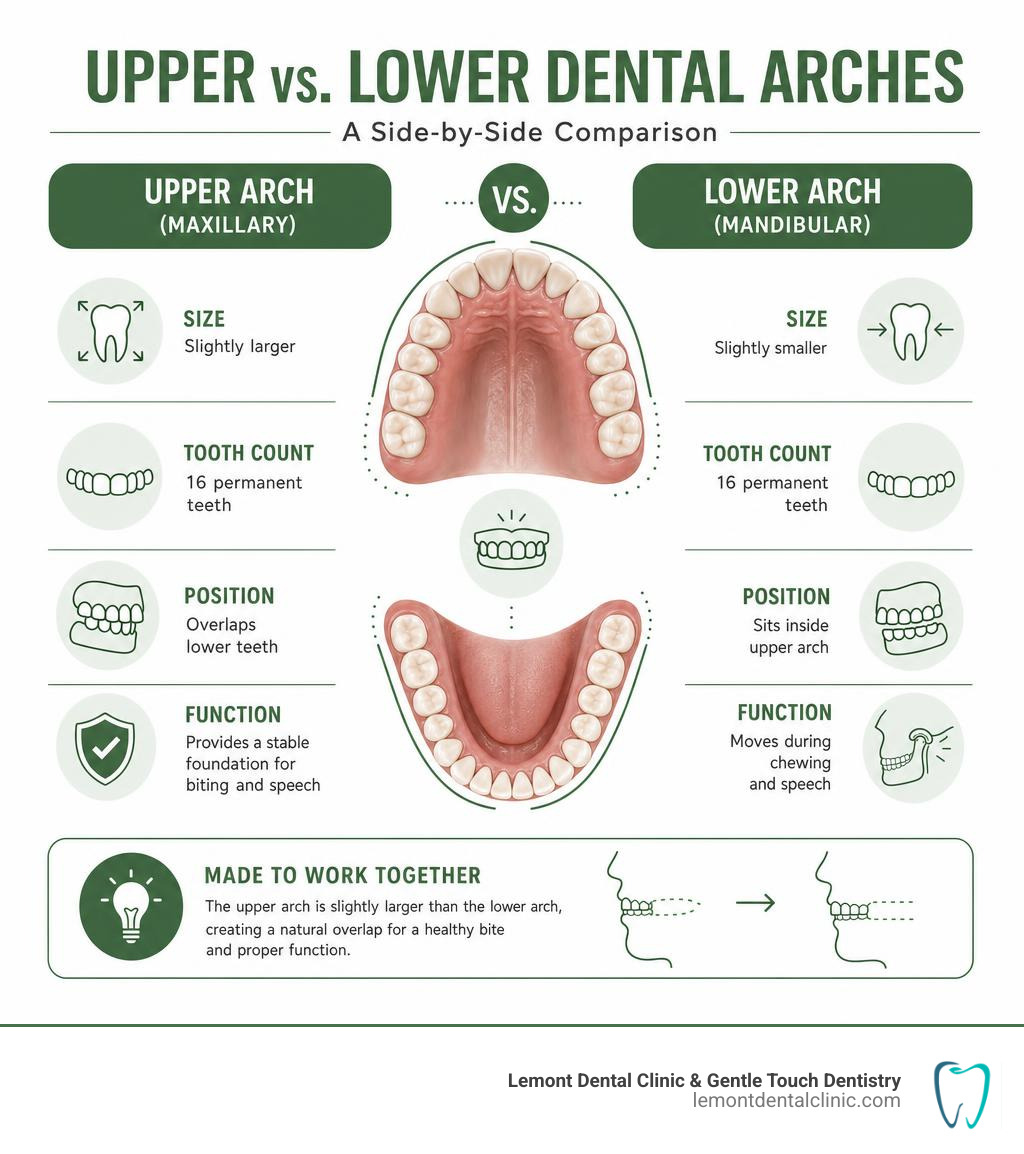 Infographic comparing upper and lower dental arches: size, tooth count, position, and function infographic