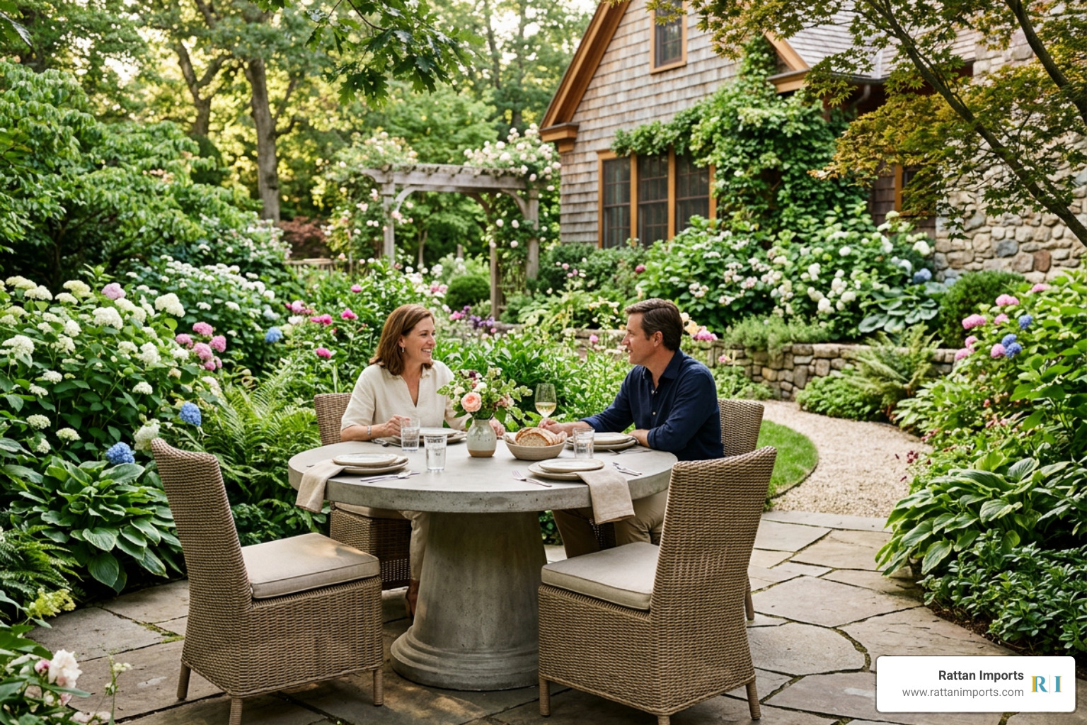 round concrete pedestal table in elegant garden setting round concrete pedestal table in elegant garden setting