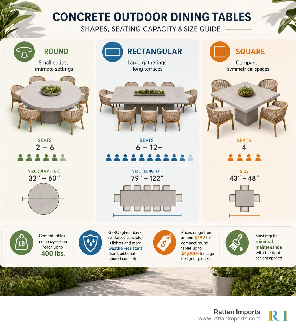 infographic showing concrete table shapes with seating capacity ranges and size dimensions infographic infographic showing concrete table shapes with seating capacity ranges and size dimensions infographic