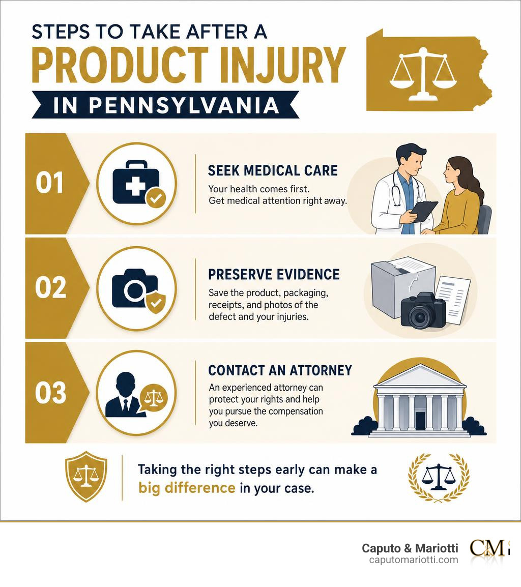 Infographic: Steps to take after a product injury in Pennsylvania, including seek medical care, preserve evidence, and Infographic: Steps to take after a product injury in Pennsylvania, including seek medical care, preserve evidence, and