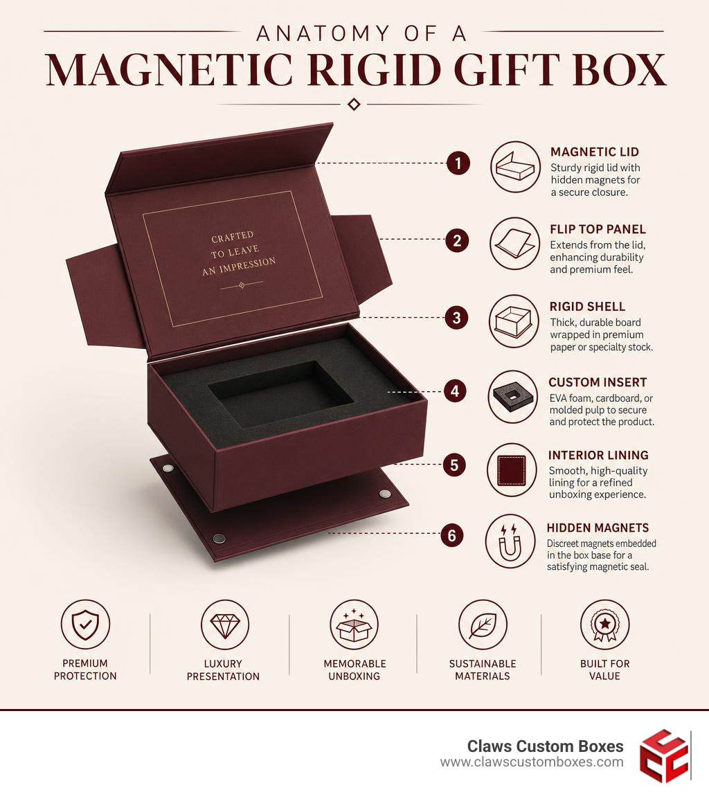 Anatomy of a magnetic rigid gift box with labeled components infographic Anatomy of a magnetic rigid gift box with labeled components infographic