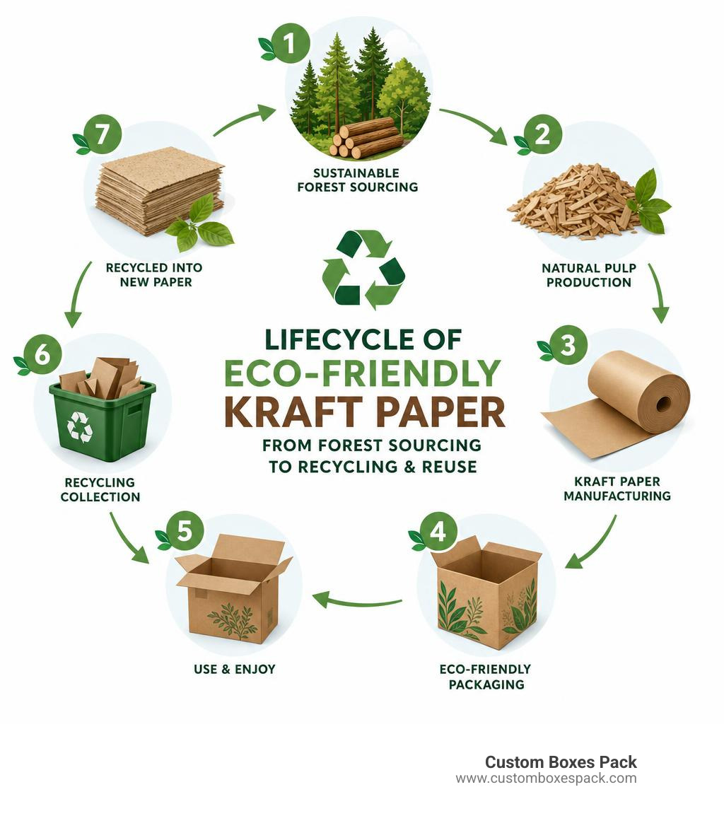 Lifecycle of eco-friendly kraft paper from forest sourcing to recycling and reuse infographic Lifecycle of eco-friendly kraft paper from forest sourcing to recycling and reuse infographic
