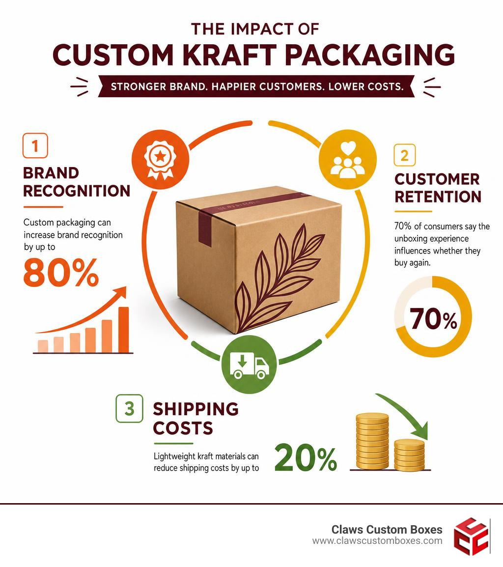 Infographic showing impact of custom kraft packaging on brand recognition, customer retention, and shipping costs infographic Infographic showing impact of custom kraft packaging on brand recognition, customer retention, and shipping costs infographic