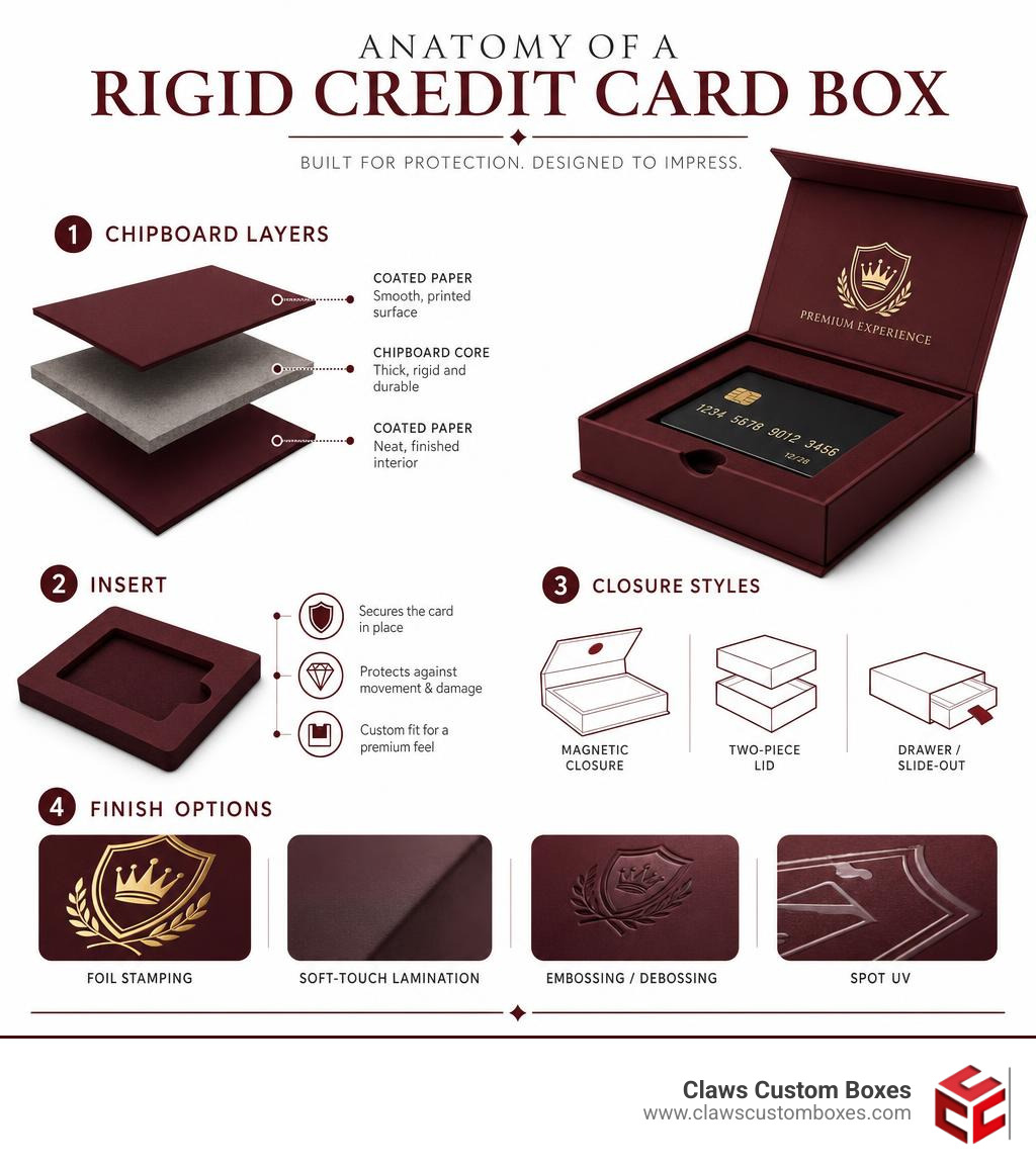 Anatomy of a rigid credit card box showing chipboard layers, insert, closure, and finish options infographic