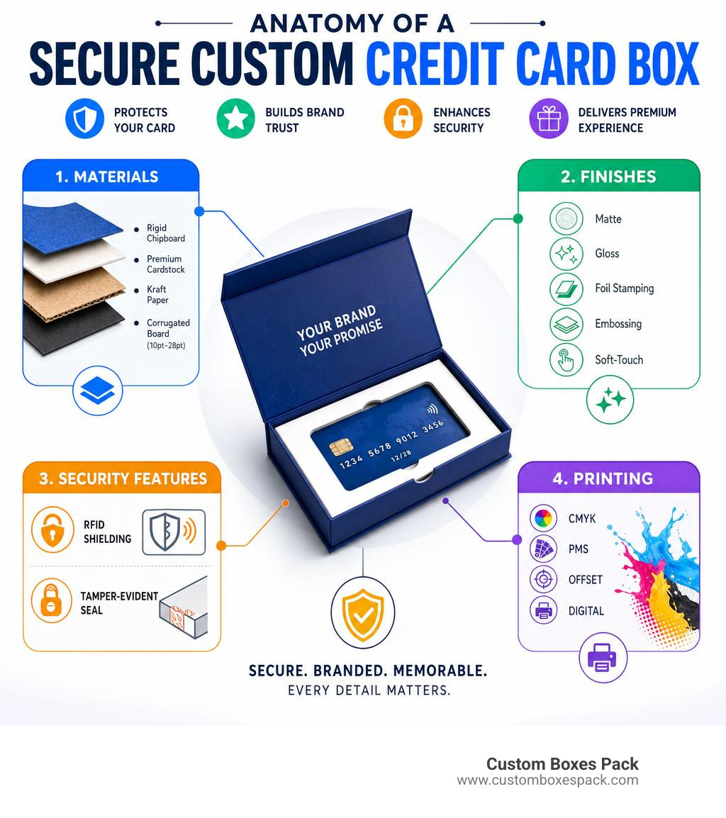 Anatomy of a secure custom credit card box infographic showing materials, finishes, security features, and printing Anatomy of a secure custom credit card box infographic showing materials, finishes, security features, and printing