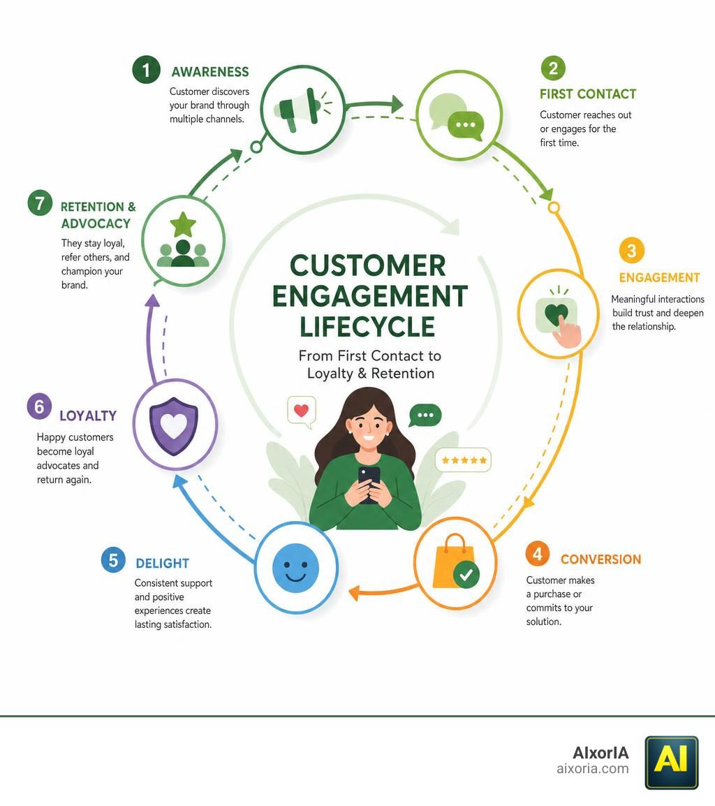 Customer engagement lifecycle from first contact to loyalty and retention infographic