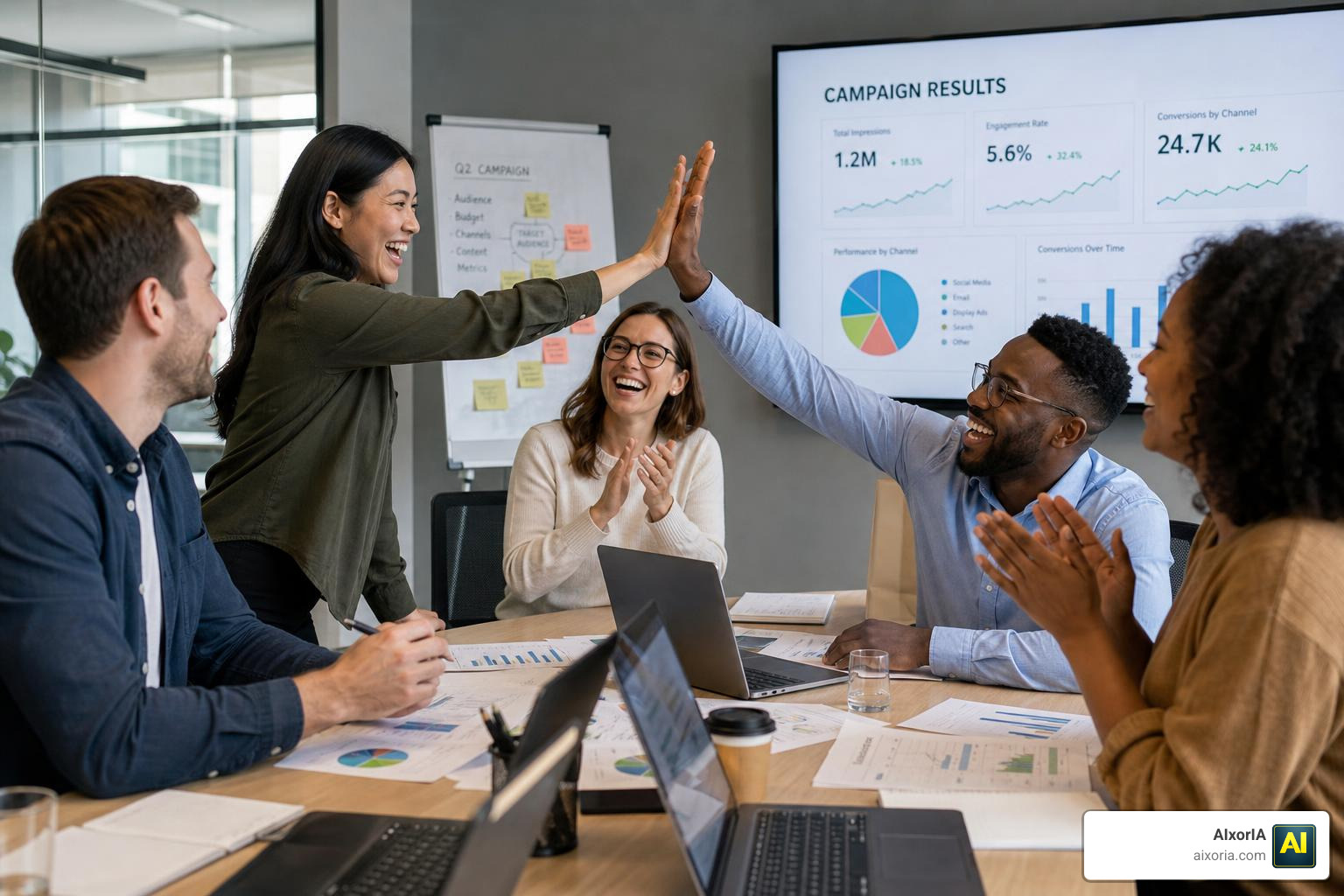 successful marketing team celebrating campaign results