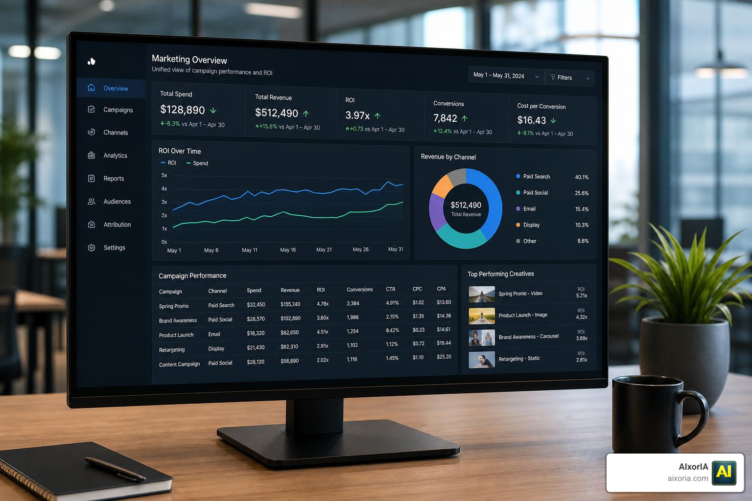 unified marketing dashboard showing ROI metrics