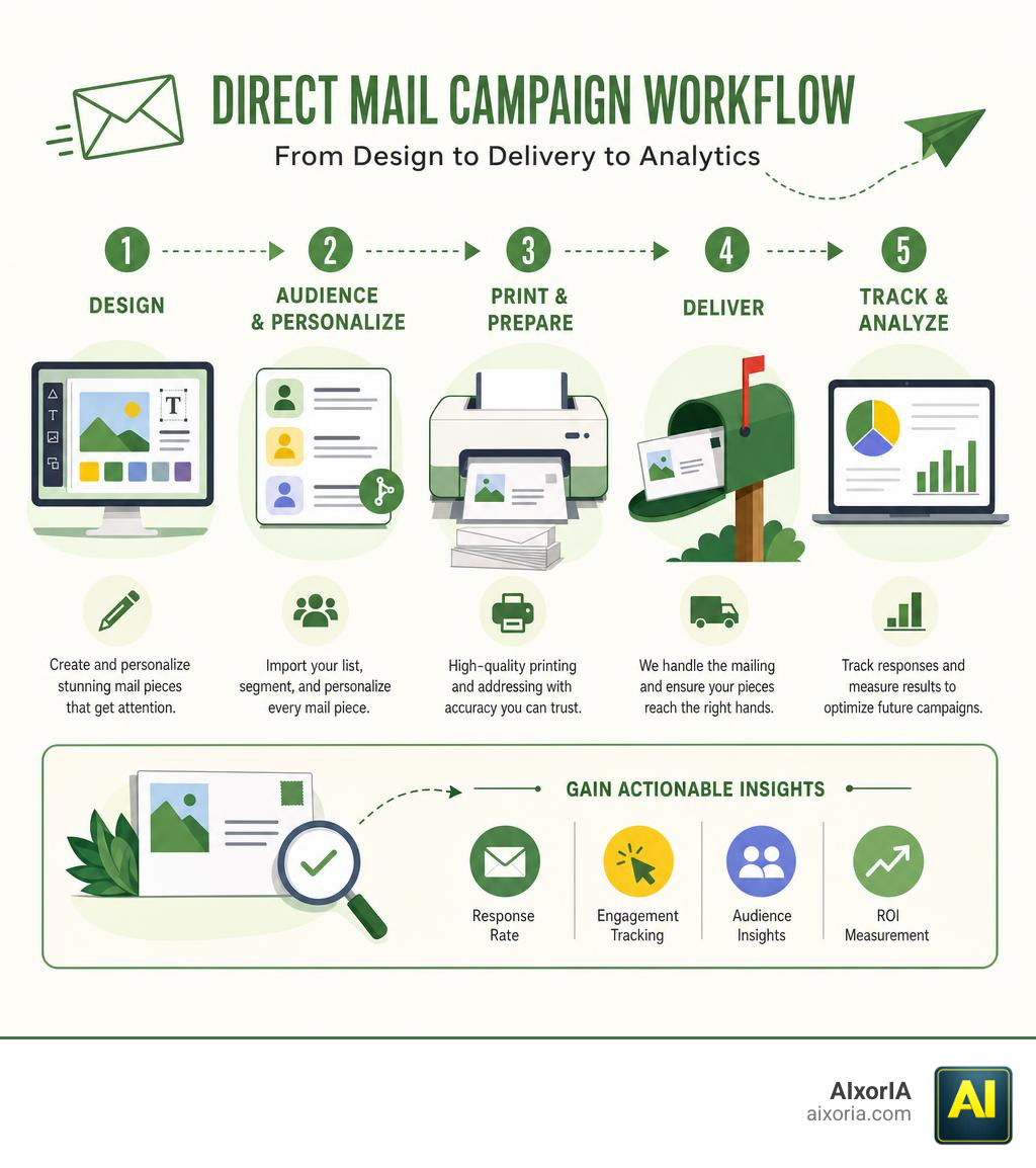 Direct mail campaign workflow from design to delivery to analytics infographic infographic