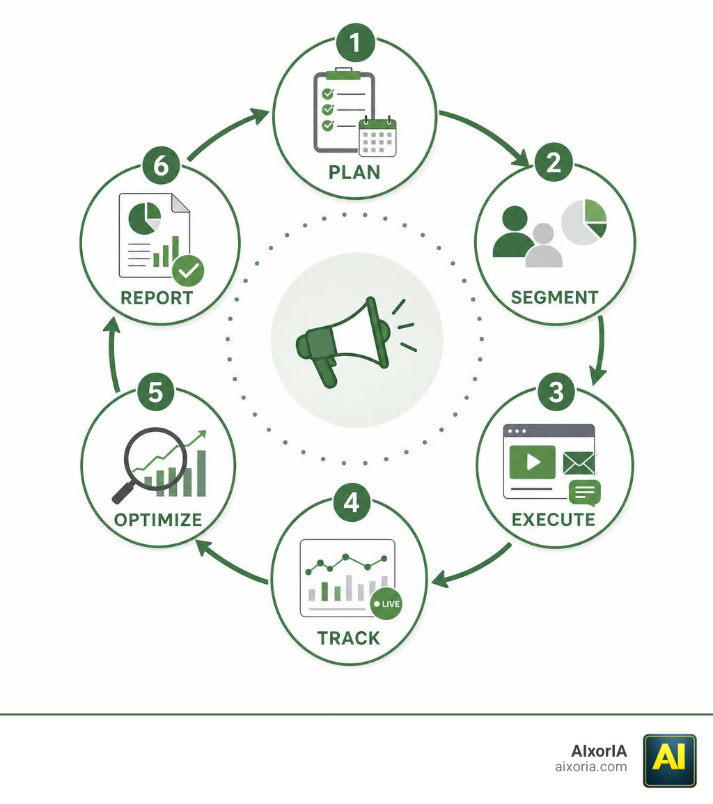 Campaign management software lifecycle: plan, segment, execute, track, optimize, report infographic