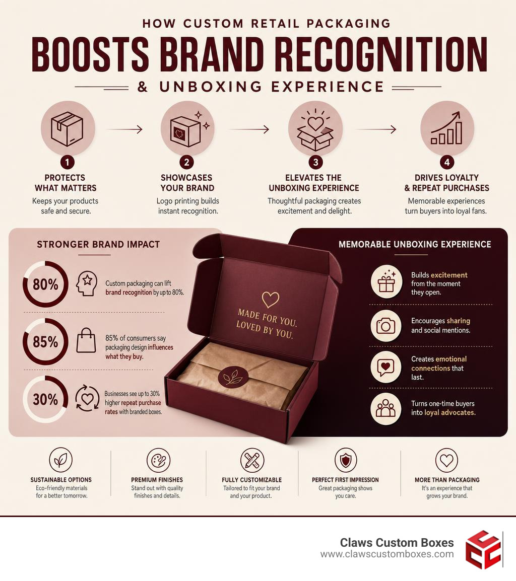 Infographic showing how custom retail packaging boosts brand recognition and unboxing experience infographic