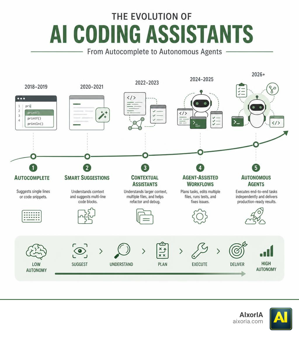Evolution of AI coding assistants from autocomplete to autonomous agents timeline infographic infographic