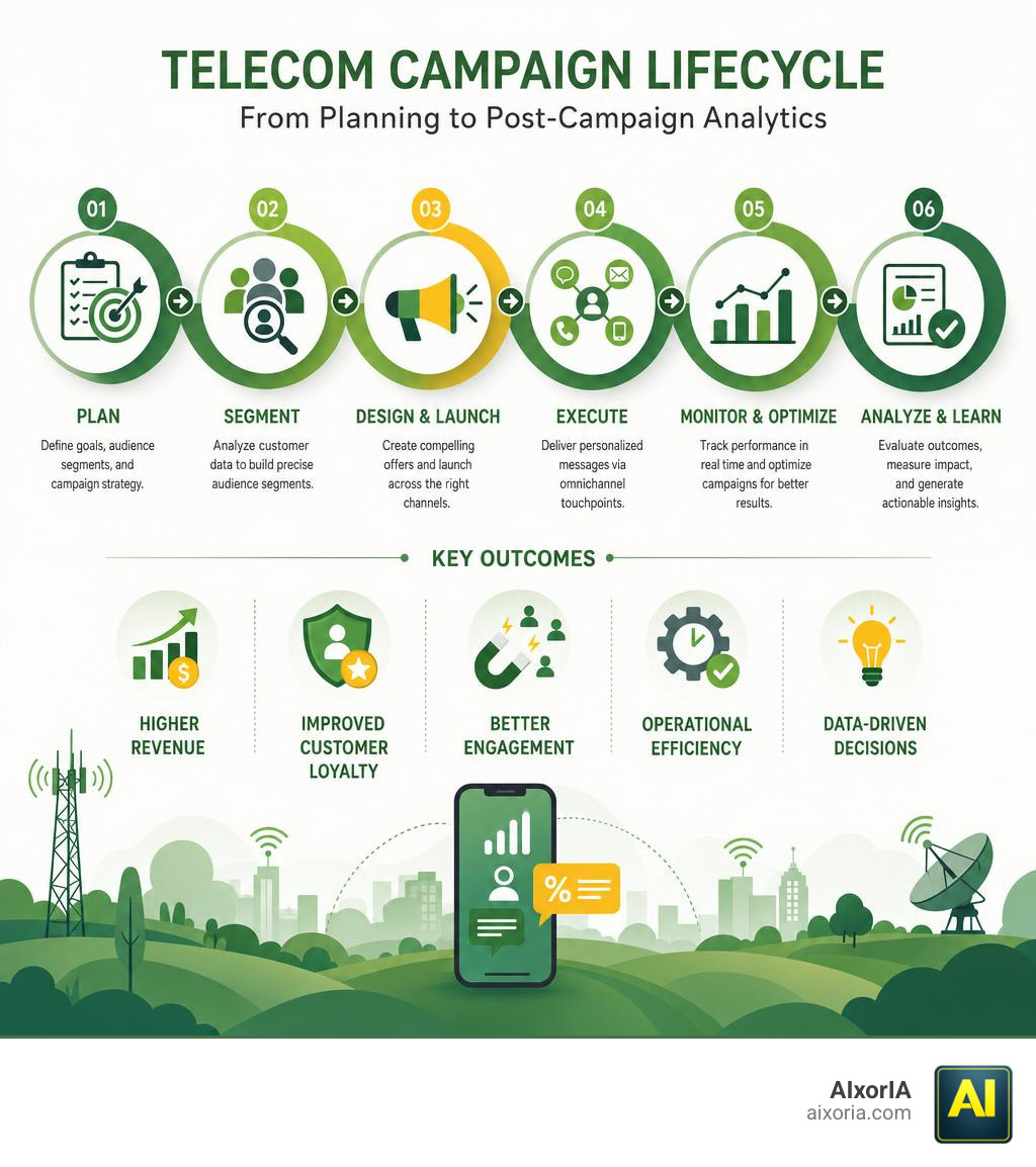 Telecom campaign lifecycle from planning to post-campaign analytics with key stages and outcomes infographic