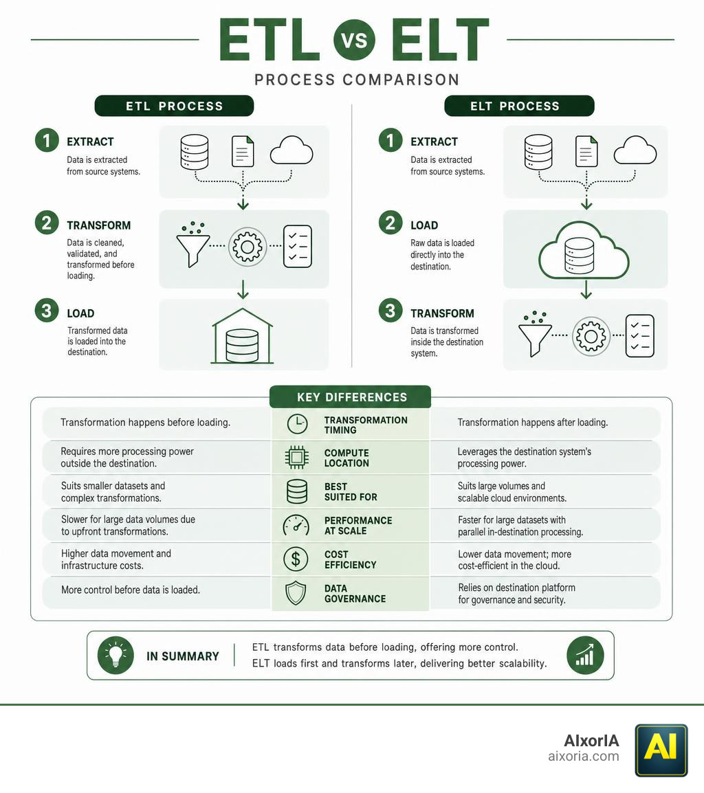 ETL vs ELT process comparison infographic showing extract transform load stages and key differences infographic