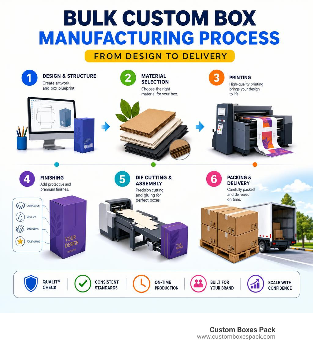 Infographic showing bulk custom box manufacturing process from design to delivery infographic Infographic showing bulk custom box manufacturing process from design to delivery infographic
