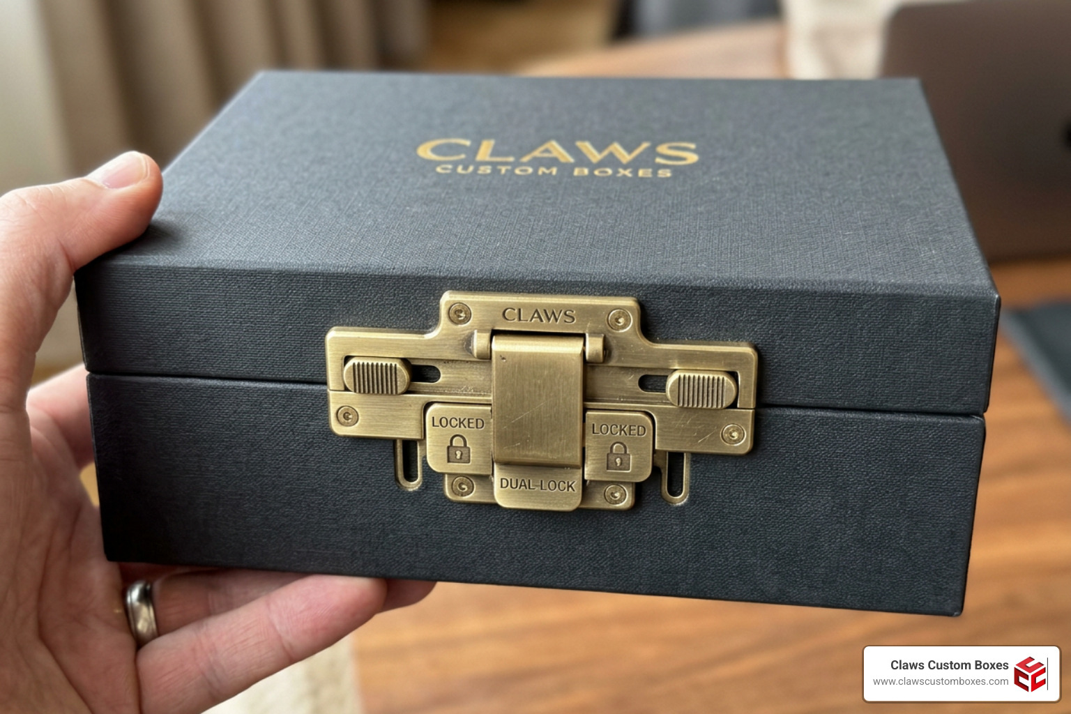 Close-up of a custom rigid child-resistant box with a dual-action slide lock mechanism