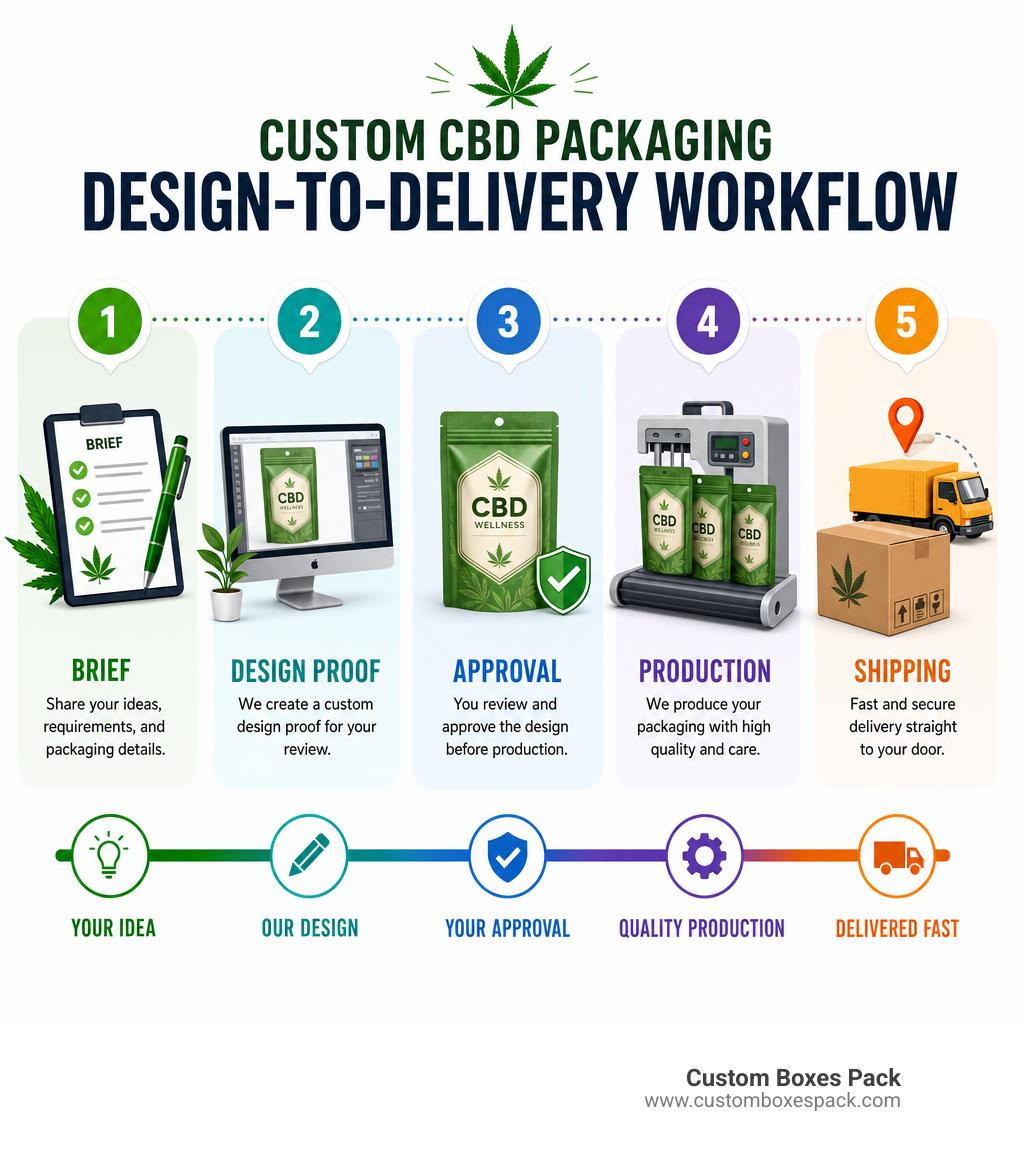 Custom CBD packaging design-to-delivery workflow infographic showing steps: brief, design proof, approval, production Custom CBD packaging design-to-delivery workflow infographic showing steps: brief, design proof, approval, production