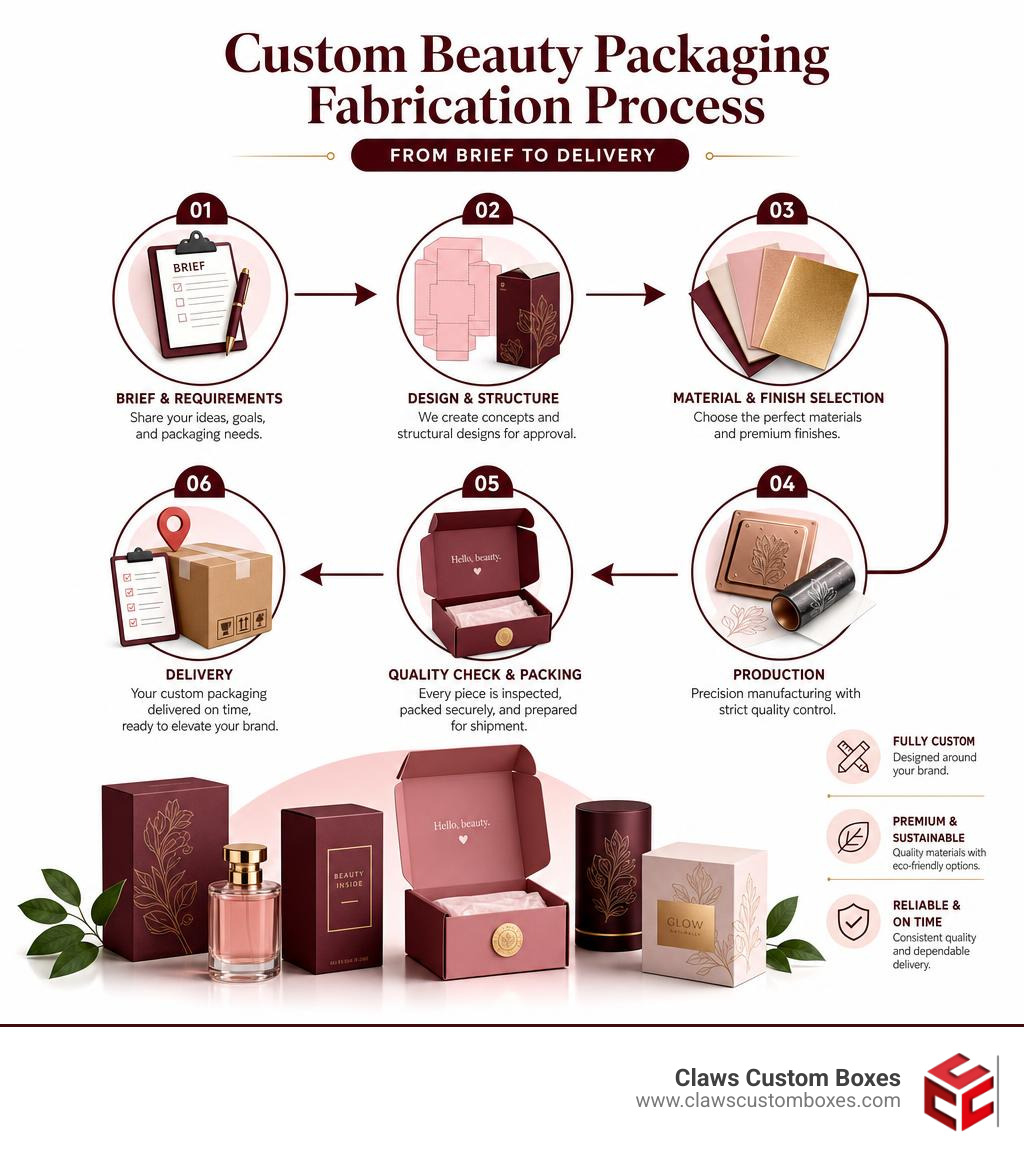 custom beauty packaging fabrication process infographic from brief to delivery infographic custom beauty packaging fabrication process infographic from brief to delivery infographic