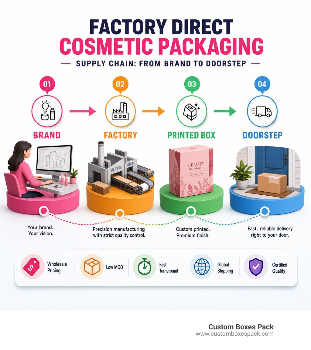 Factory direct cosmetic packaging supply chain infographic: brand to factory to printed box to doorstep infographic Factory direct cosmetic packaging supply chain infographic: brand to factory to printed box to doorstep infographic
