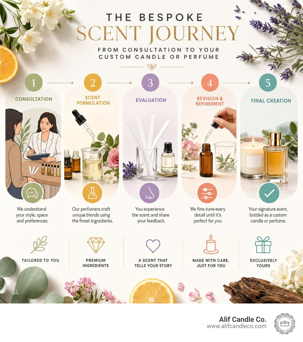 Infographic showing the bespoke scent journey from consultation to final custom candle or perfume infographic