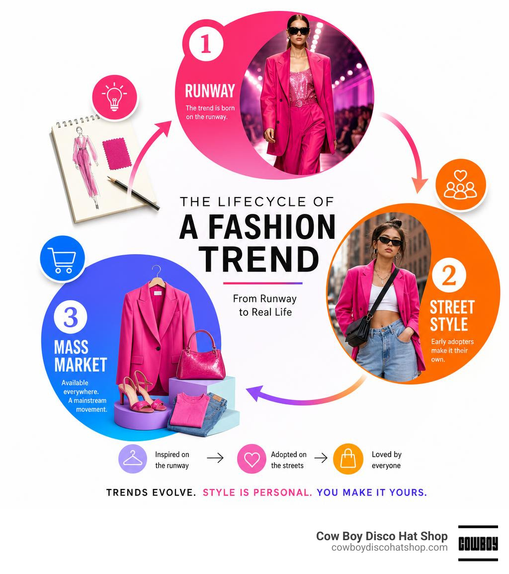 Infographic showing the lifecycle of a fashion trend from runway to street style to mass market infographic