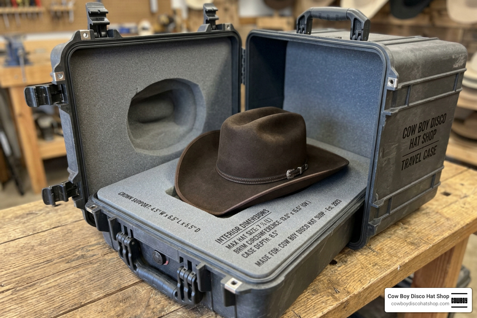 Interior dimensions and brim support of a western hat travel case Interior dimensions and brim support of a western hat travel case